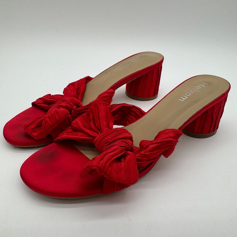 Heiyom Red Satin Pleated Bow 2.5 in Block Heel Slide Sandals Mules Size 6.5-7